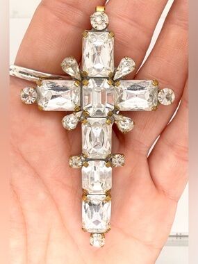 LARGE Vintage Czech Glass Crystal Cross Pendant Brass Gold Tone